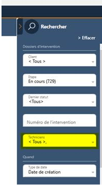 Champ technicien dans le filtre du dossier d'intervention